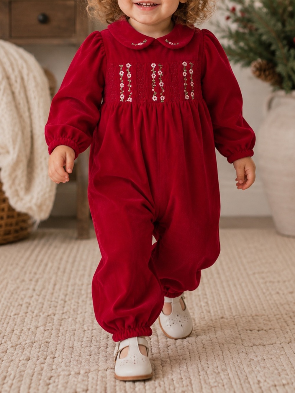 ALISON SCOTT Vintage Velveteen Girl’s One Piece Romper Embroidered Flowers 3T